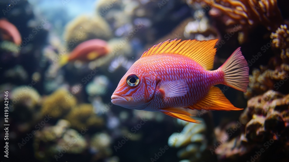 A vibrant fish swims gracefully among colorful corals in an underwater paradise. This scene showcases marine life diversity and the beauty of ocean ecosystems. Generative AI