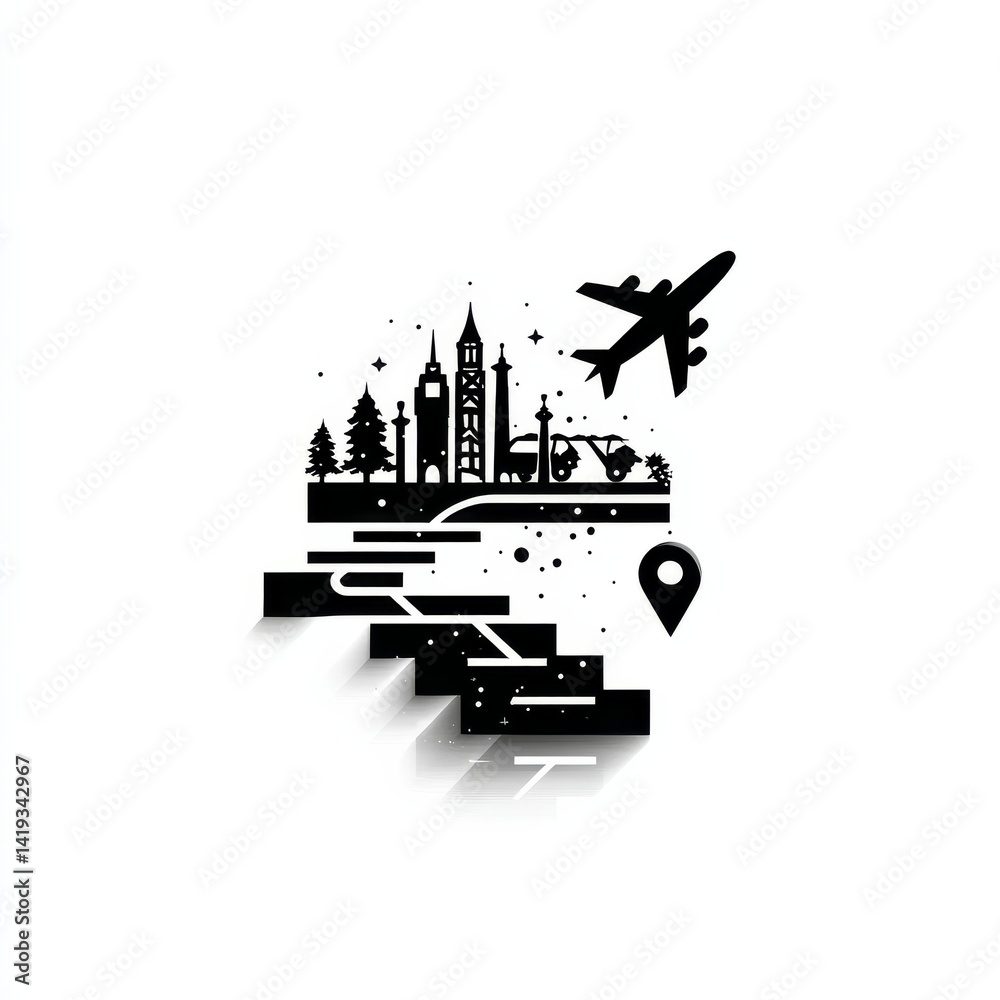 Global Travel: A Minimalist Black and White Illustration of Destinations and Journeys with Airplane.