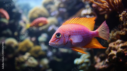 Obraz na płótnie A vibrant fish swims gracefully among colorful corals in an underwater paradise. This scene showcases marine life diversity and the beauty of ocean ecosystems. Generative AI w salonie