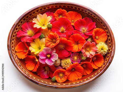 Geometric Clay Dish, Red Orange Flowers, Sidalcea, Tellima photo