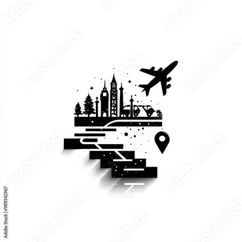 Obraz na płótnie Global Travel: A Minimalist Black and White Illustration of Destinations and Journeys with Airplane. w salonie
