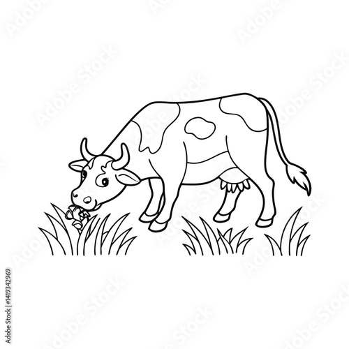 Spotted Cow Eating Grass Vector Illustration