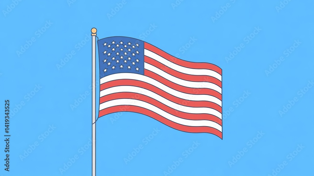 Obraz premium Waving proudly against the blue sky, the American flag, a powerful symbol of United States patriotism, displays its stars and stripes in the wind