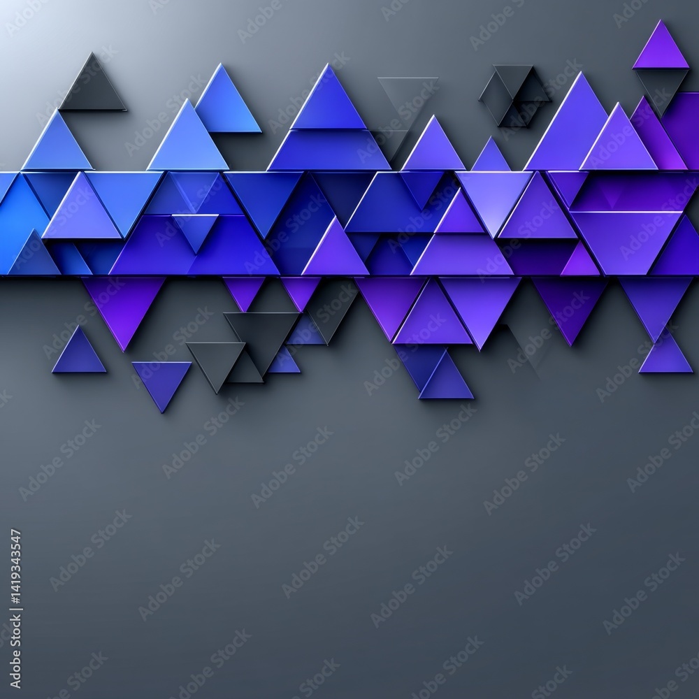 Modern Geometric Arrangement: 3D Triangles in Shades of Blue and Purple on a Gray Gradient Background
