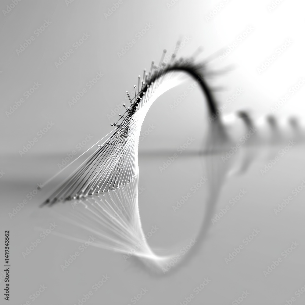 Monochrome Abstract: String Art Installation with Reflection and Depth of Field, Exploring Minimalist Aesthetics and 3D Geometric Art