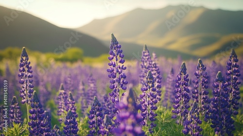 Breathtaking purple lupine flowers stand tall in a lush field. The soft sunlight casts a warm glow. Nature at its best. Experience the beauty of floral landscapes. Generative AI