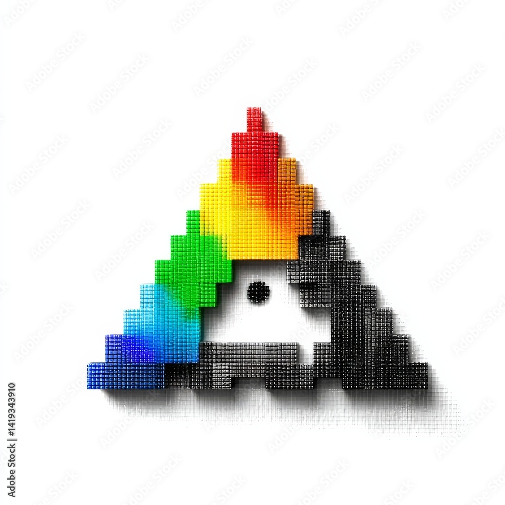 Pixelated Spectrum: A Colorful Triangular Structure of Cubic Blocks with a Minimalist Eye on a White Background