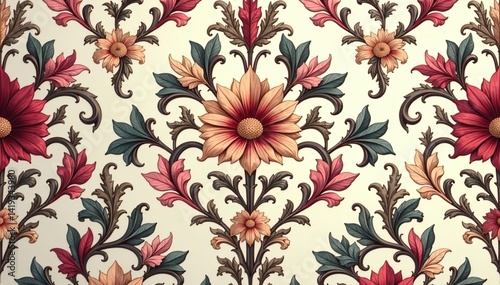 Intricate floral damask pattern in muted tones, design element, print