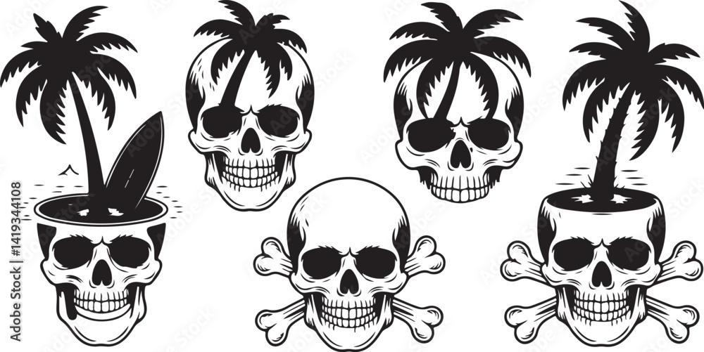 Fototapeta premium Silhouette vector illustration of skulls with palm trees, representing a tropical and edgy theme