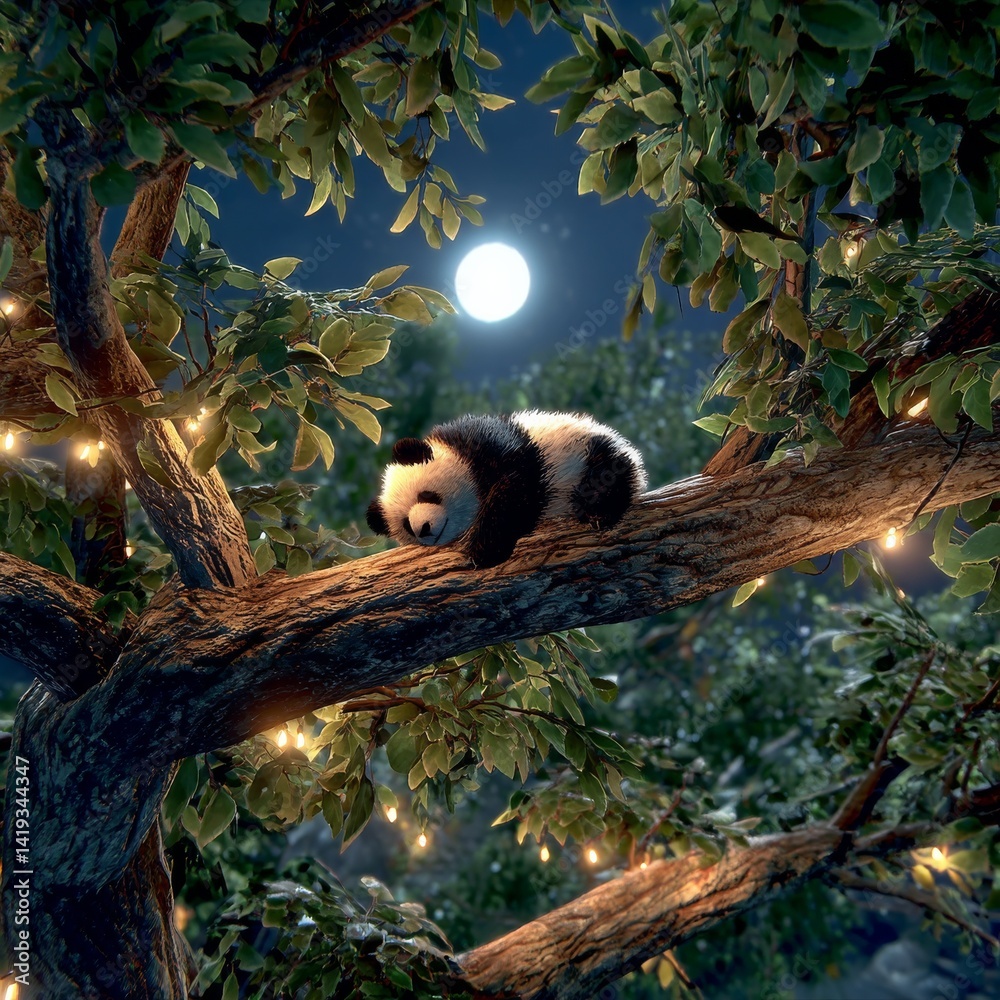 Serene Slumber: A Panda's Peaceful Night Rest Under the Moonlit Sky, Surrounded by Nature's Embrace