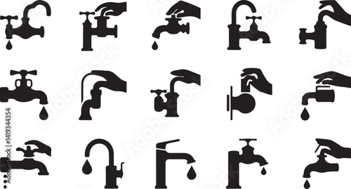 Various faucet silhouettes in vector, including water taps and drips for design and illustration purposes