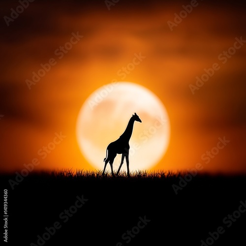 Obraz na płótnie Silhouette of a Giraffe Walking Through a Field at Sunset, a Striking Image Capturing the Beauty of Nature. w salonie