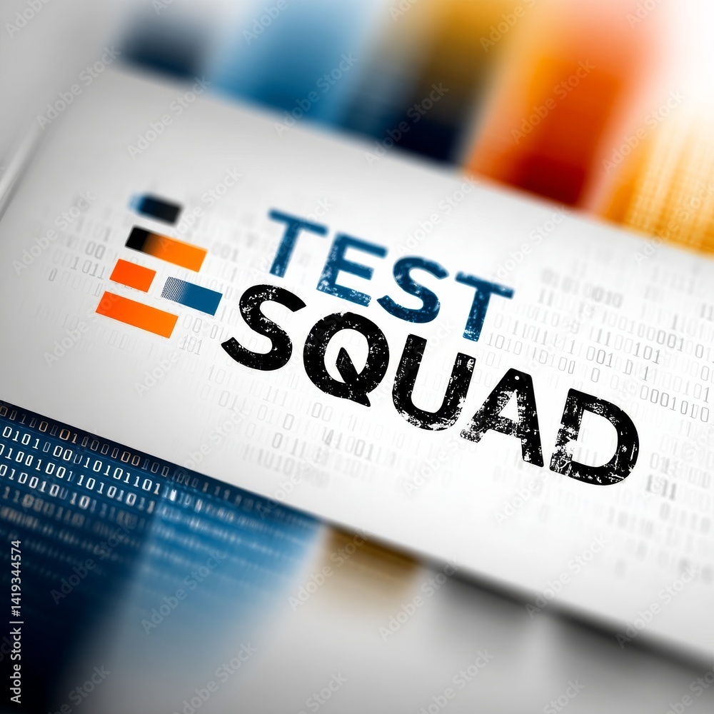 Test Squad Graphic with Digital Binary Background & Modern Design Elements