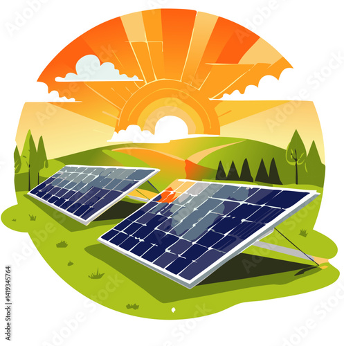 Two Solar Panels Generating Electricity at Sunset with Power Lines in the Background

