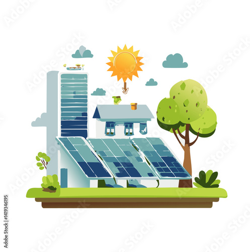Eco-Friendly House with Solar Panels in Green Mountain Landscape during Sunny Day

