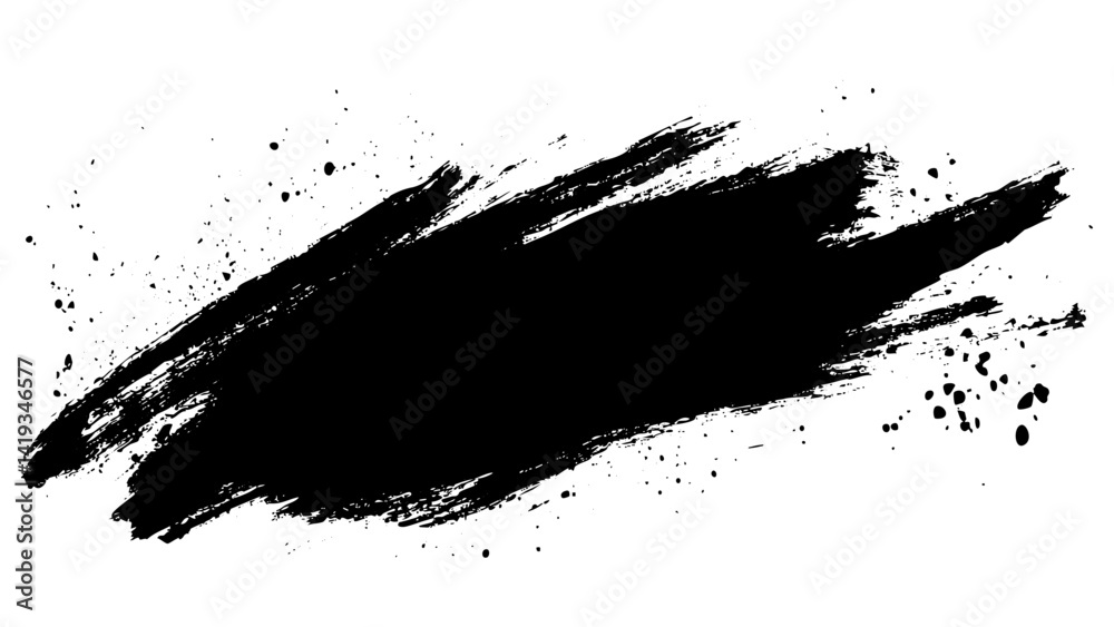 Black brush stroke with splatter effect on a white background creating an abstract design