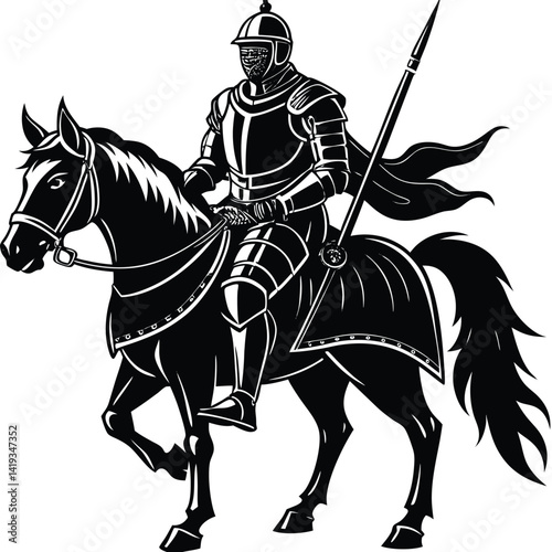 Black & White Knight on Horseback Vector Illustration: Medieval Armor, Warrior, Lance, Equestrian Art, Historical Illustration