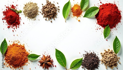 Fototapeta Naklejka Na Ścianę i Meble -  Various dried herbs & spices on white background , isolated, colorful, spice