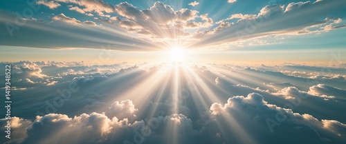 Heavenly light rays shining through clouds wide angle panoramic view horizontal symmetric background