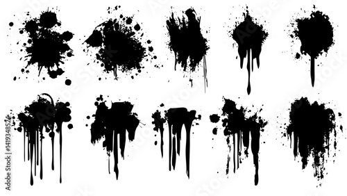 Various black ink splatters showcasing unique patterns and textures for artistic use