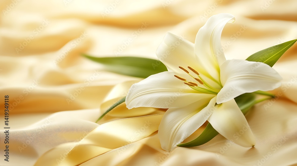 Obraz premium Elegant white lily with green leaves on flowing light yellow silk cloth. For greetings & condolences