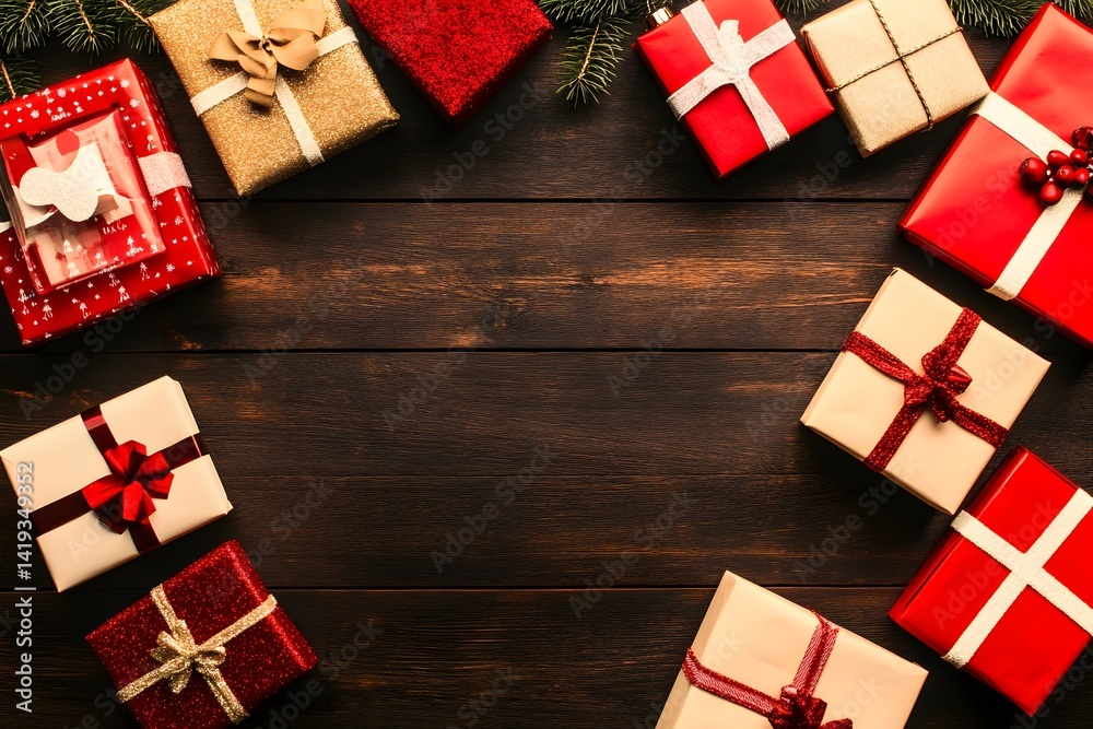 Fototapeta premium Christmas Gift Boxes Festive Background Wooden Texture