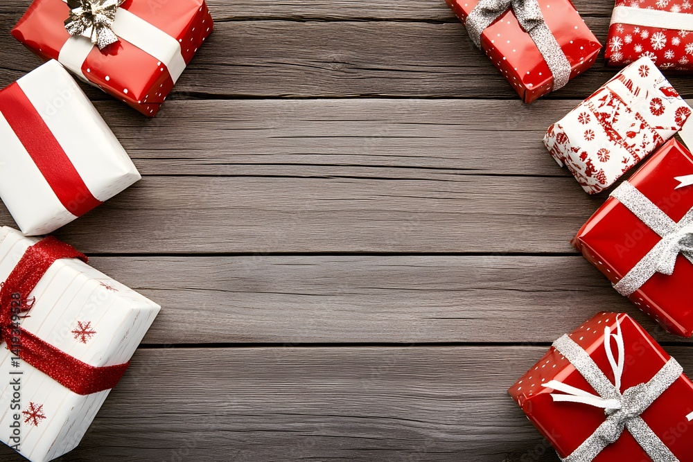 Fototapeta premium Festive Christmas Gifts on Rustic Wooden Background