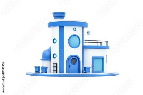 Wallpaper Mural A whimsical blue and white building featuring circular windows and a rooftop deck. Torontodigital.ca