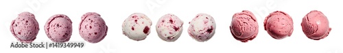 Variety of pink and white ice cream scoops. isolated on transparent background photo