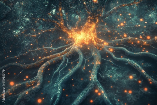 Tree with digital roots and glowing data streams. Fractal leaves represent AI ideas. Electric green, neon orange, soft white colors. Floating particles symbolize knowledge and growth.