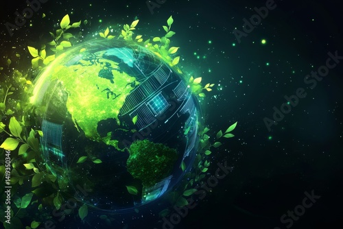 Green planet Earth. eco-friendly technology. sustainability. digital globe. future ecology. Earth Day celebration. green energy. data-driven environment. smart nature. clean planet vision.