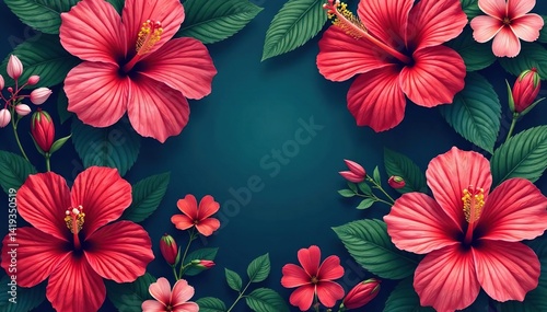 Bold hibiscus motifs, repeating floral design, rich color , bloom, floral, red