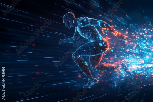 Futuristic runner. smart sportswear. biometric interface. glowing body. dark background. motion energy. human projection. stylish fitness. high-tech design. future athletics.