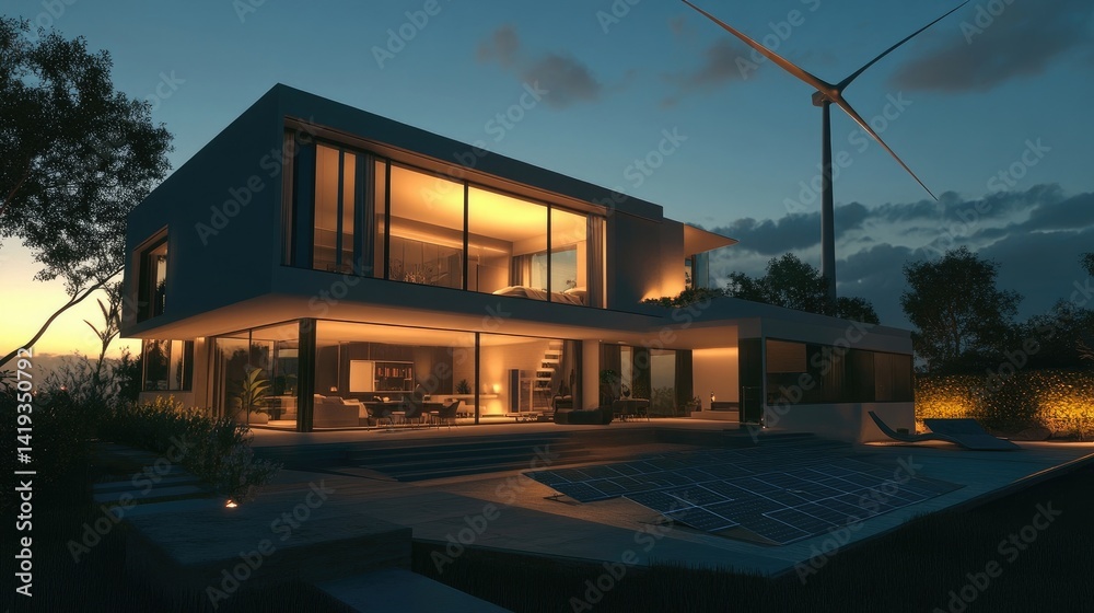 A modern house at dusk, with lights powered by solar energy and a wind turbine in the backyard