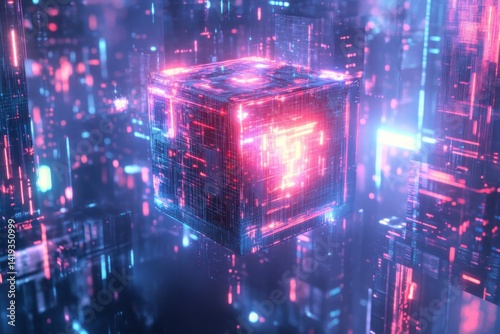 Artificial intelligence. neon-lit cube. glitch effects. cyberpunk city. retro-futurism. holographic interface. pixel data flow. synthwave skyline. futuristic branding. immersive tech scene.