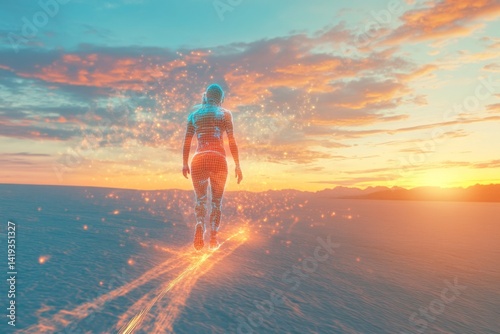 Futuristic avatar walking across sand dunes at sunset, leaving behind glowing trails of light. representing a Ideal for themes of digital identity, AI, human enhancement, and future mobility.