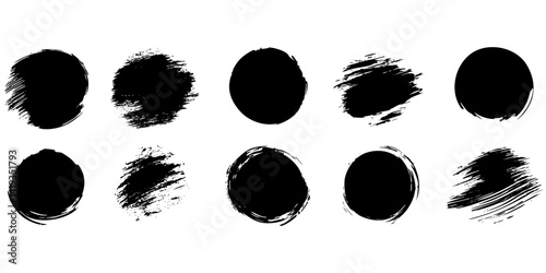 Black paint strokes and circles created with various brush techniques for creative projects