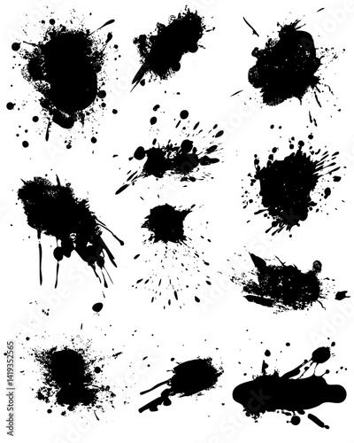 Various black paint splatters showcasing artistic expression and creativity in design