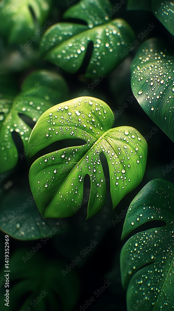 Fototapeta premium Mobile Wallpaper Close up of Lush Green Monstera Leaves with Water Droplets