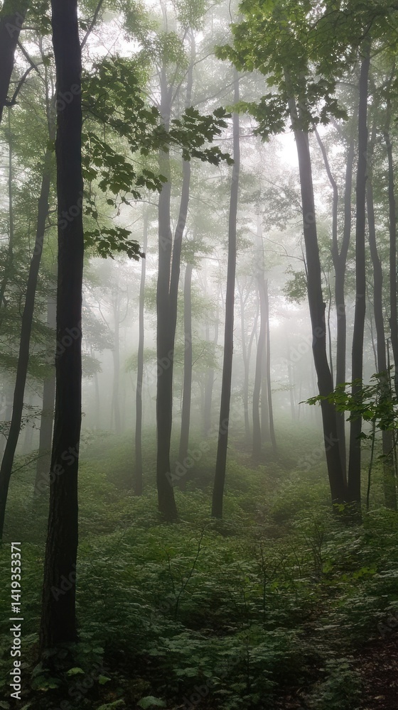 Fototapeta premium Misty forest scene in a dense woodland.
