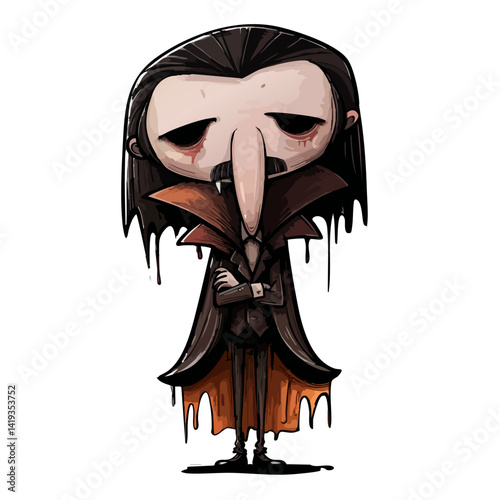 Vector illustration of a droopy Dracula with a sagging cape and tired fangs, comedic vampire
