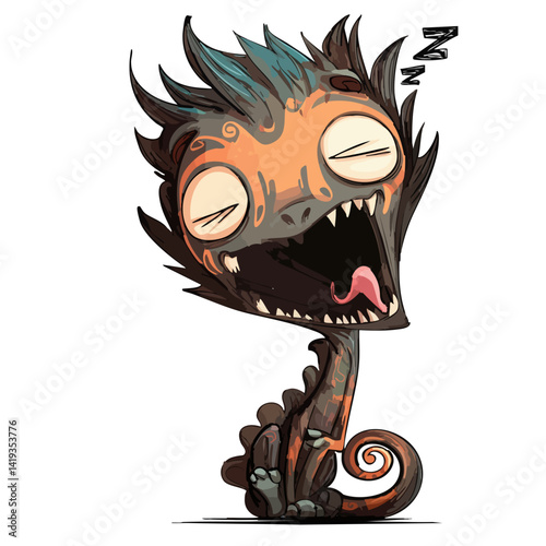 Vector illustration of a drowsy demon with half-closed eyes and a yawn, sleepy monster