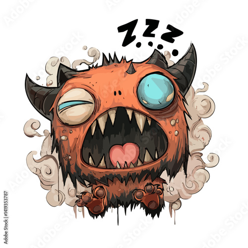 Vector illustration of a drowsy demon with half-closed eyes and a yawn, sleepy monster
