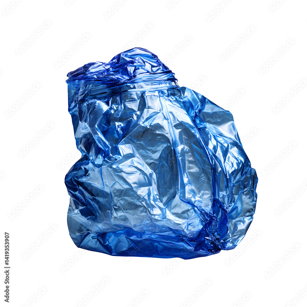 Fototapeta premium Blue plastic bottle crumpled, isolated on white, clipping path --v 7.0