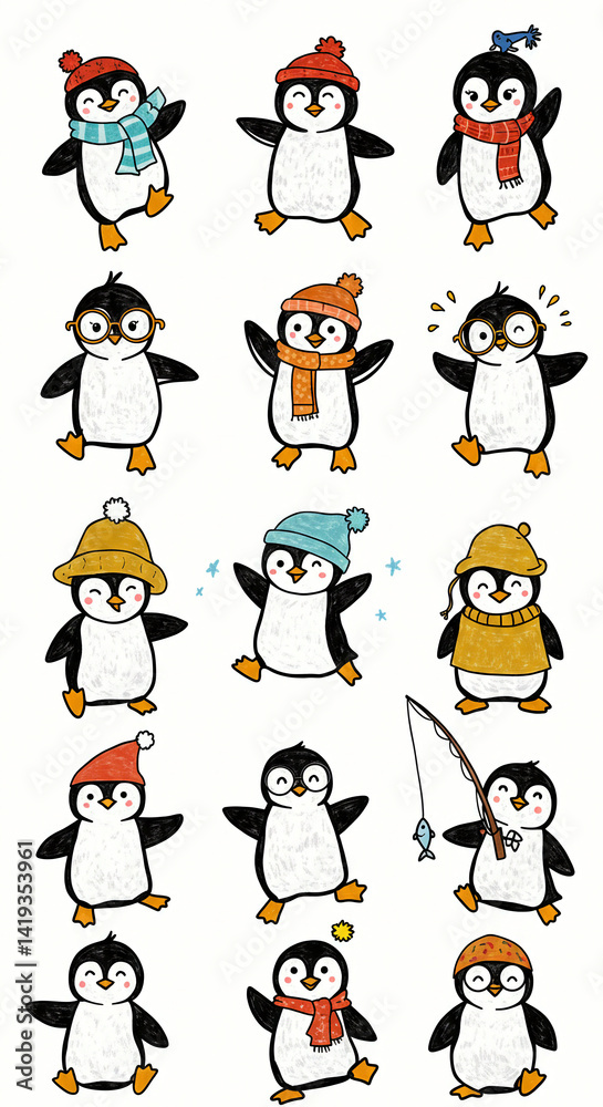 Cartoon Penguins in Hats and Scarves Cute Animal Illustrations Cartoon Penguins in Hats and Scarves Cute Animal Illustrations