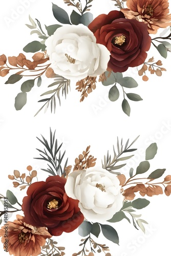 Elegant Watercolor Floral Arrangement Burgundy White Flowers