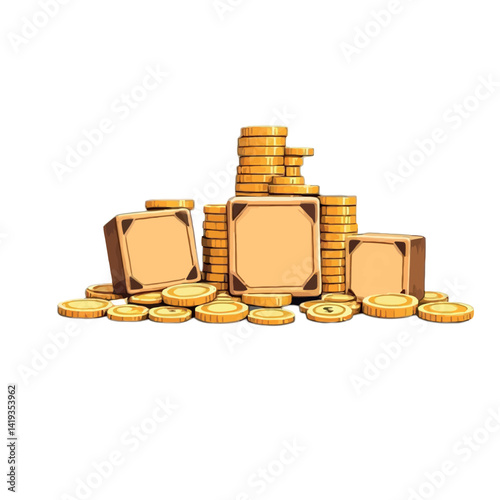Vsai wooden crates resembling loot boxes surrounded by gold coins on white background
