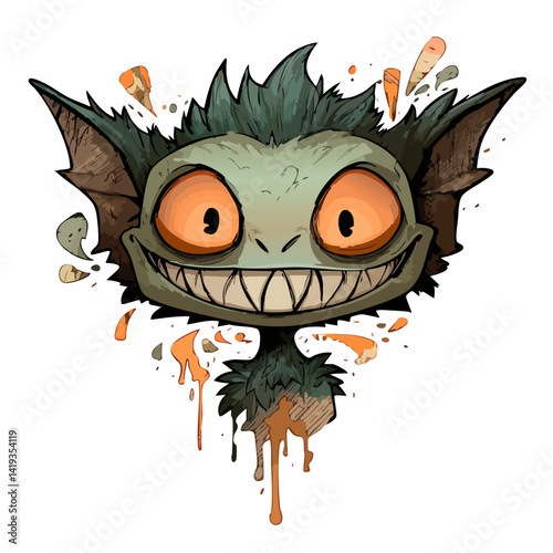 Vector illustration of a glowy gremlin with neon-green skin and sharp teeth, mischievous monster