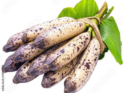 A Bunch of Exquisite Spotted Bananas on a Lush Green Leaf: A Close-Up View of Unique Tropical Fruit