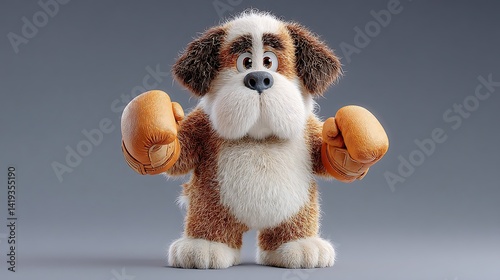 Fluffy Cartoon St Bernard Dog in Boxing Gloves